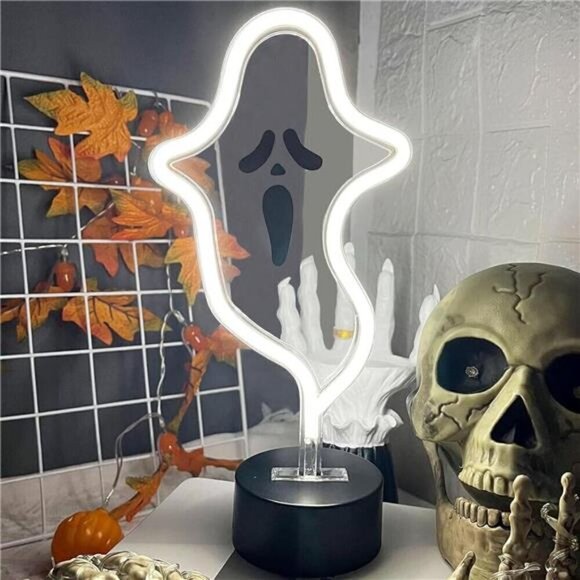 Halloween Ghost Neon Sign, Decoration LED Light Sign with Base, Ghost Shape Lamp - Picture 6 of 7